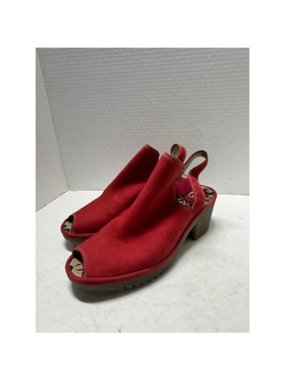 Fly London Red Nubuck Leather Peep Toe Slingback Block Heel Sandals Size 37 6.5